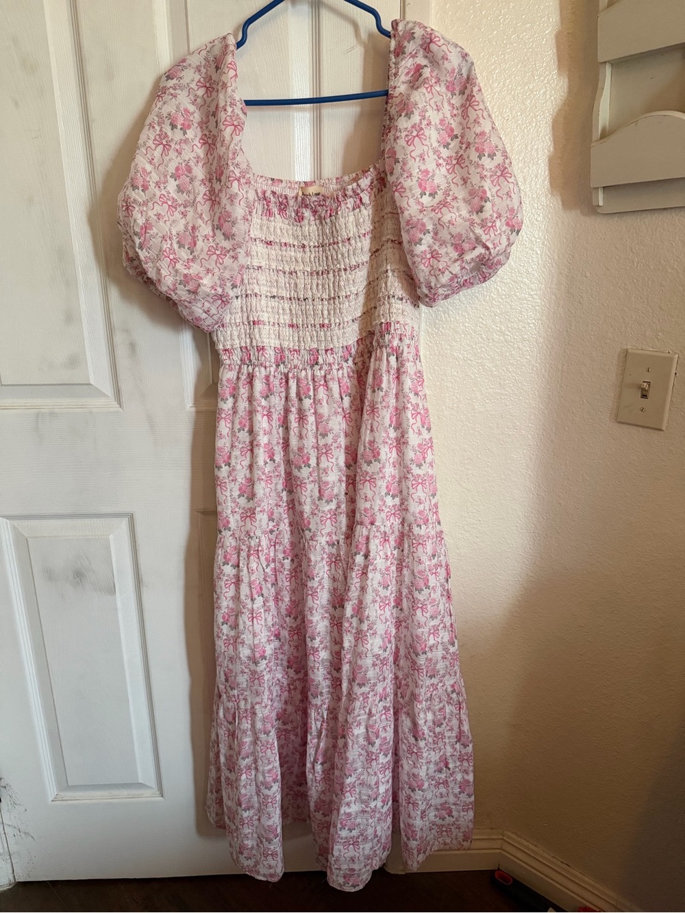 Pink Floral Puff Sleeve Smocked Maxi Dress